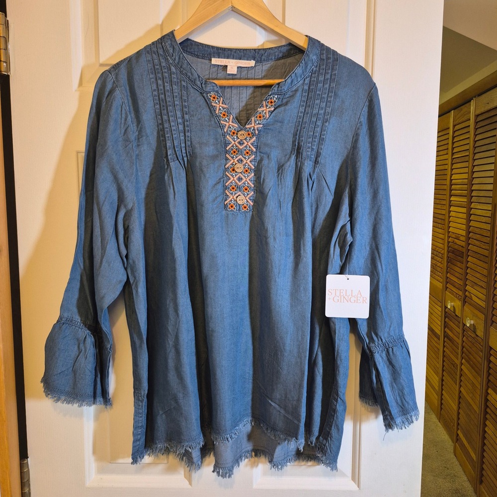 Stella + Ginger Womens‎ XL Blue Tencel Denim Embroidered Boho Peasant Top NWT